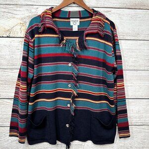 Cervelle Sweater Vintage Womens L Multicolor Striped Knit Fringe Button Down